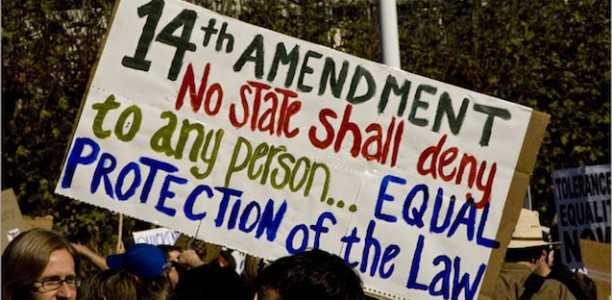 People usually protest with the 14th Amendment because it gives everyone "equal protection of the law."